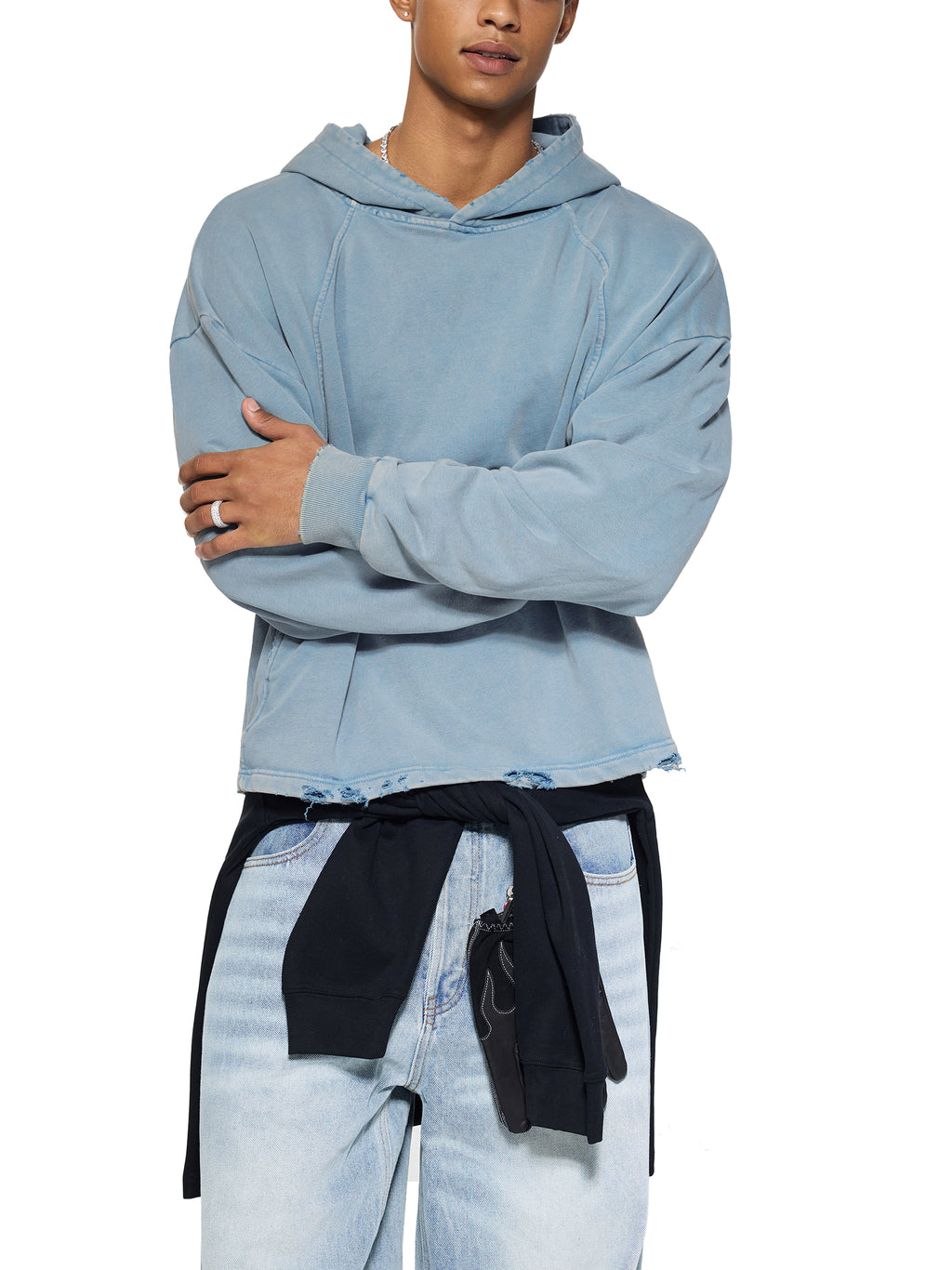 EIWVintage Washed BAGGY Frayed-Hem Hoodie