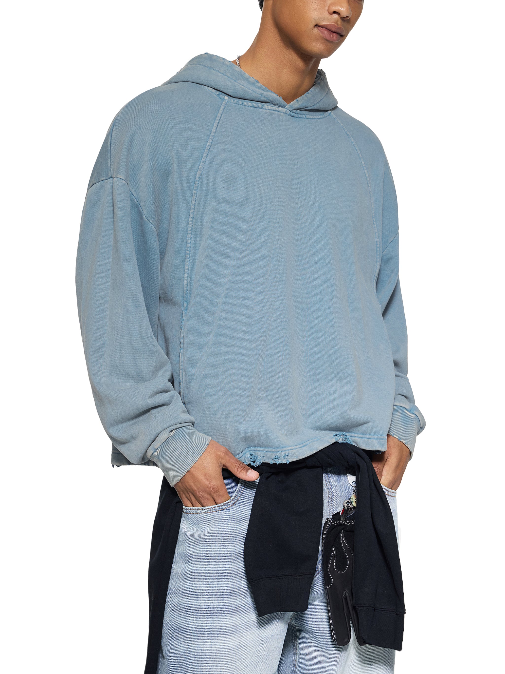 EIWVintage Washed BAGGY Frayed-Hem Hoodie